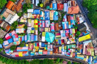Aerial view of colourful houses