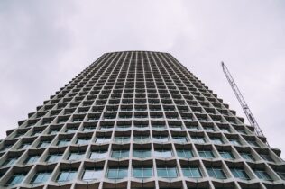 Worm's eye view of a grey building