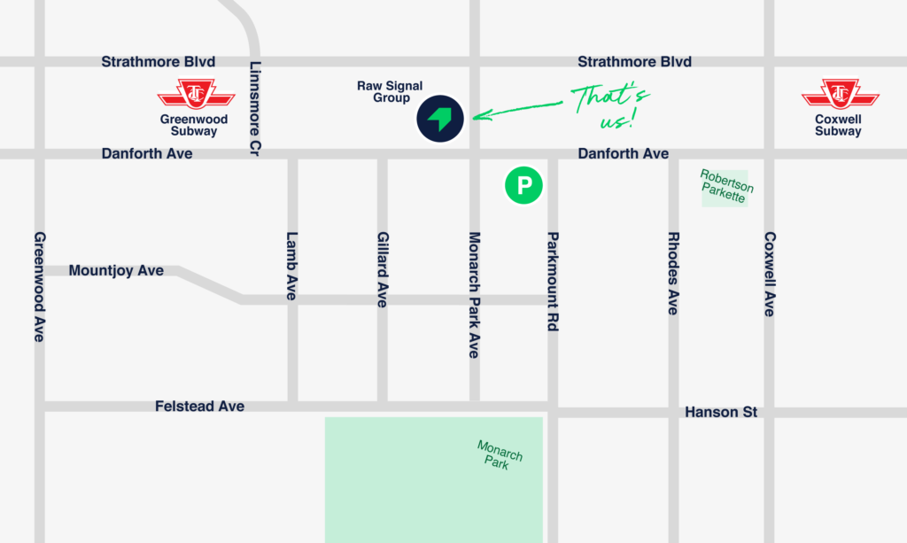 Map of 1414 Danforth Ave with Raw Signal Group chevron logo on top of the location on the corner of Danforth and Monarch Park.