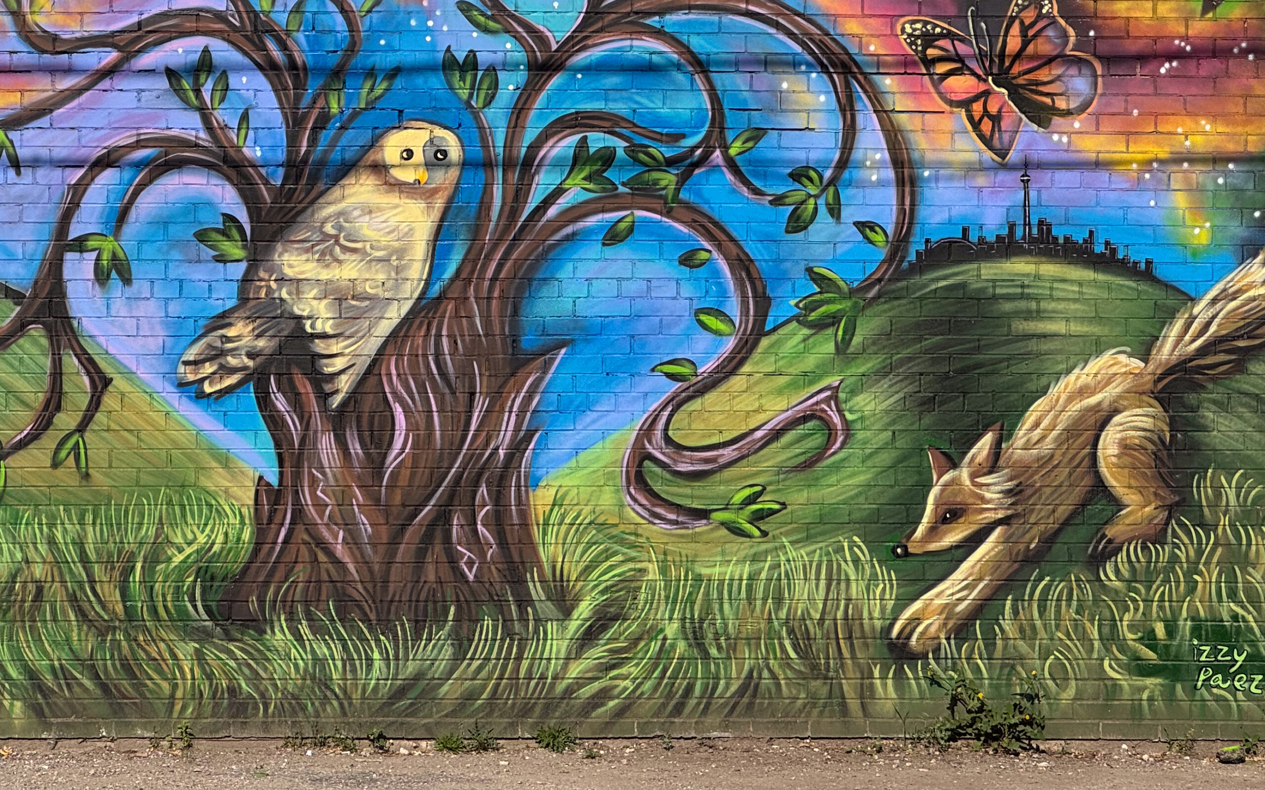 Mural depicting an owl and coyotes