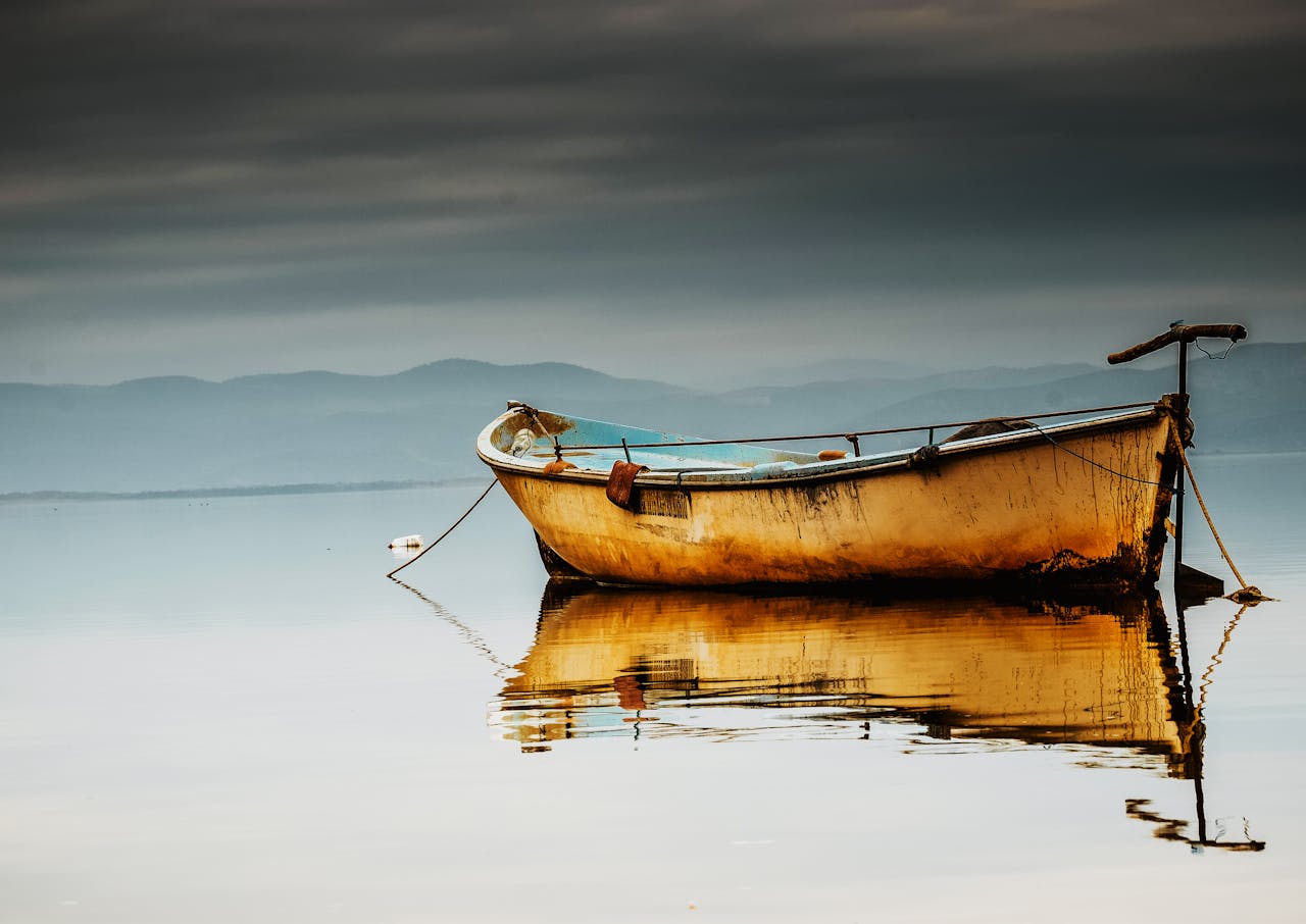 Brown canoe on calm body of water
