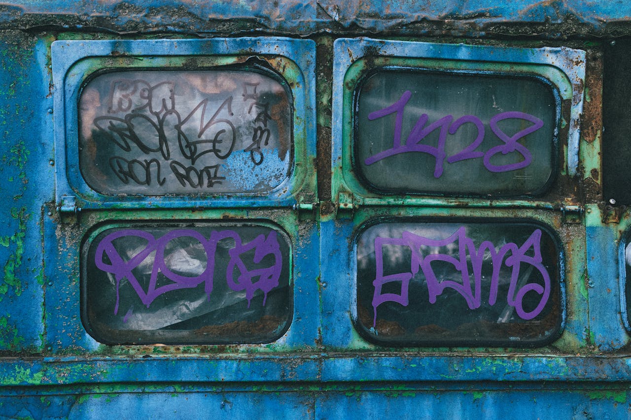 Rustic blue metal with urban graffiti