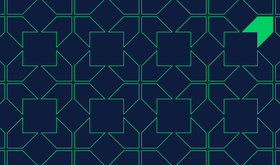 Green fine lines on a navy background with a green chevron at the top right